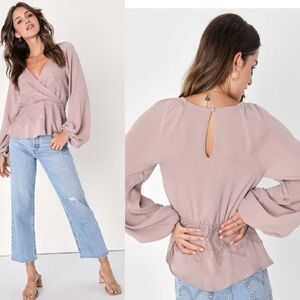 Lulus Loving Arms Lace Long Sleeve Peplum Blouse Top, Light Brown‎ Taupe, Size S